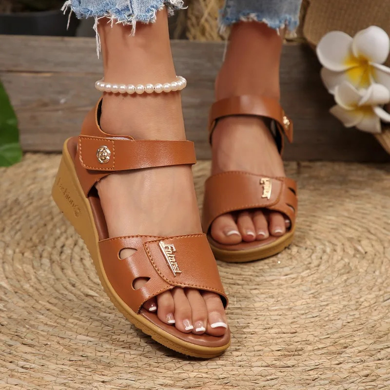 Women Summer Casual Wedge Sandals Comfortable Non Slip Beach Shoes Woman Flower Decor PU Leather Walking 250526