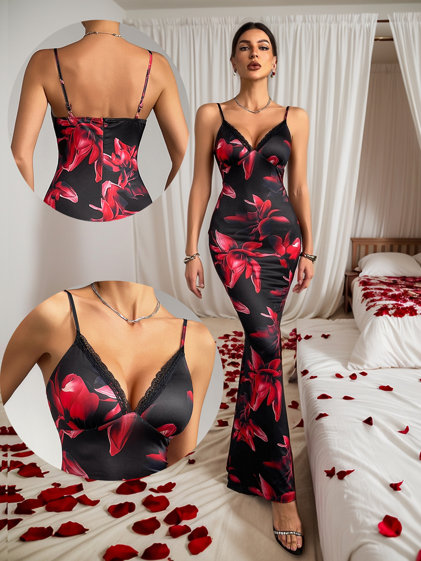 2025 summer new personalized and elegant design with printed V-neck exposed chest suspender hip hugging long skirt dress