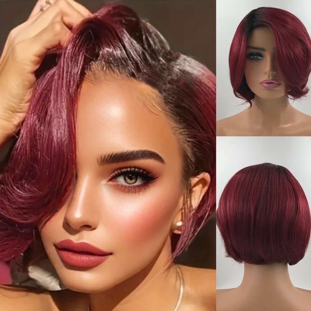 99J Pixie Cut Short Bob Human Hair For Women Full hine Made Wine Red Wigs With Bangs Christmas Party