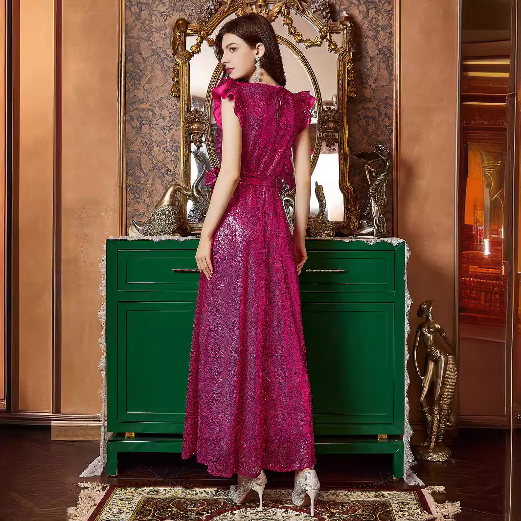 Womens sequined dress sleeveless waistband round neck mid skirt sexy dress party autumn and winter new item