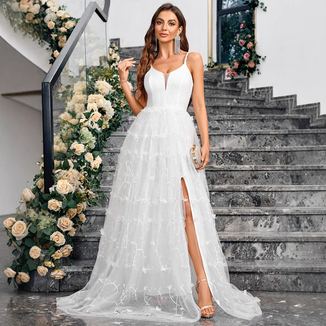 Summer New Mesh Skirt V-neck Back Strap Solid Color Elegant Dress