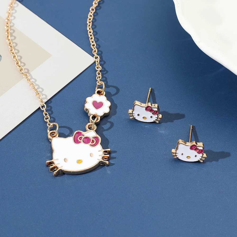 Sweet Sanrio Necklace Hello Kitty Kawaii Kitty Cat Small Earrings Studs for Kids Child Gifts Cartoon Holiday Jewelry Setw250526