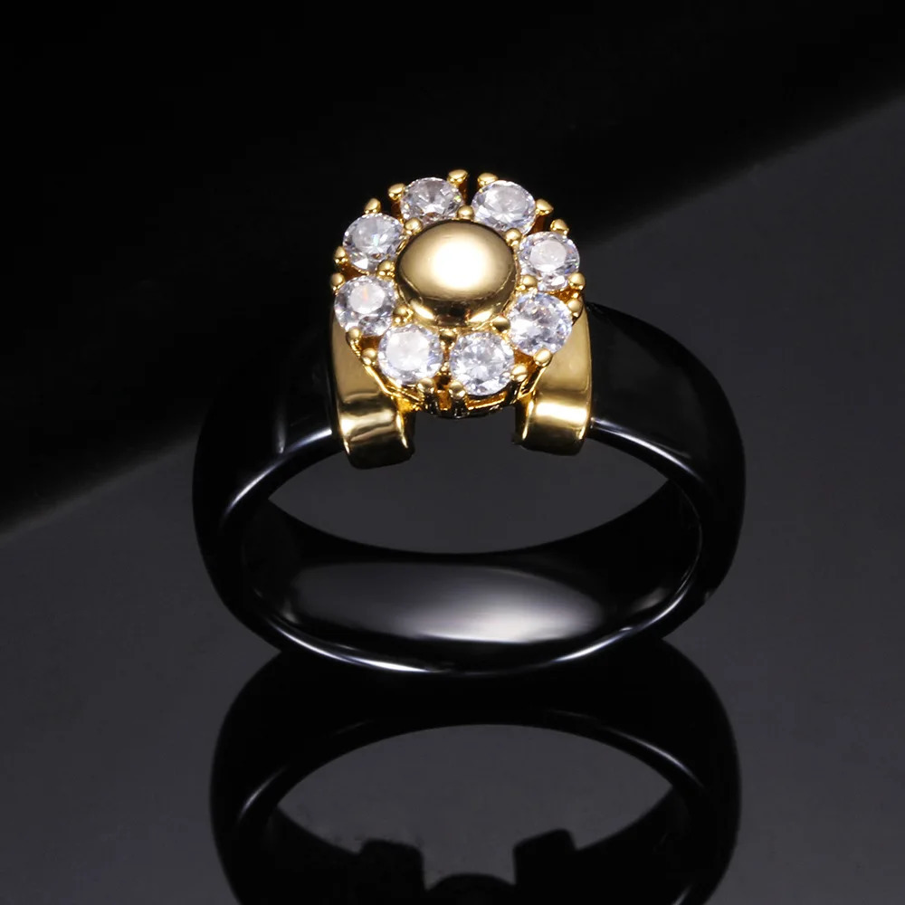 Sunflower Zircon Ceramic Ring For Women Girl Steel Metal Finger Jewelry Accessories Gift Black White Color 250519
