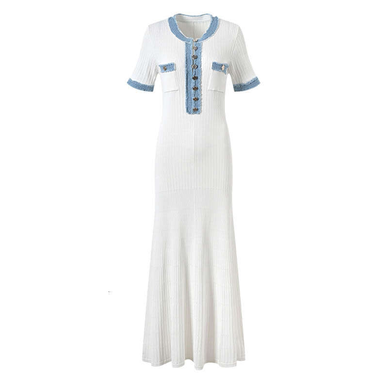 Backless Sexy Dress Brand French Robe Casual Knitted For Women Elegant V Neck Waist Cinching Denim Ribbed Long Dress Sexy Flowy Dresses