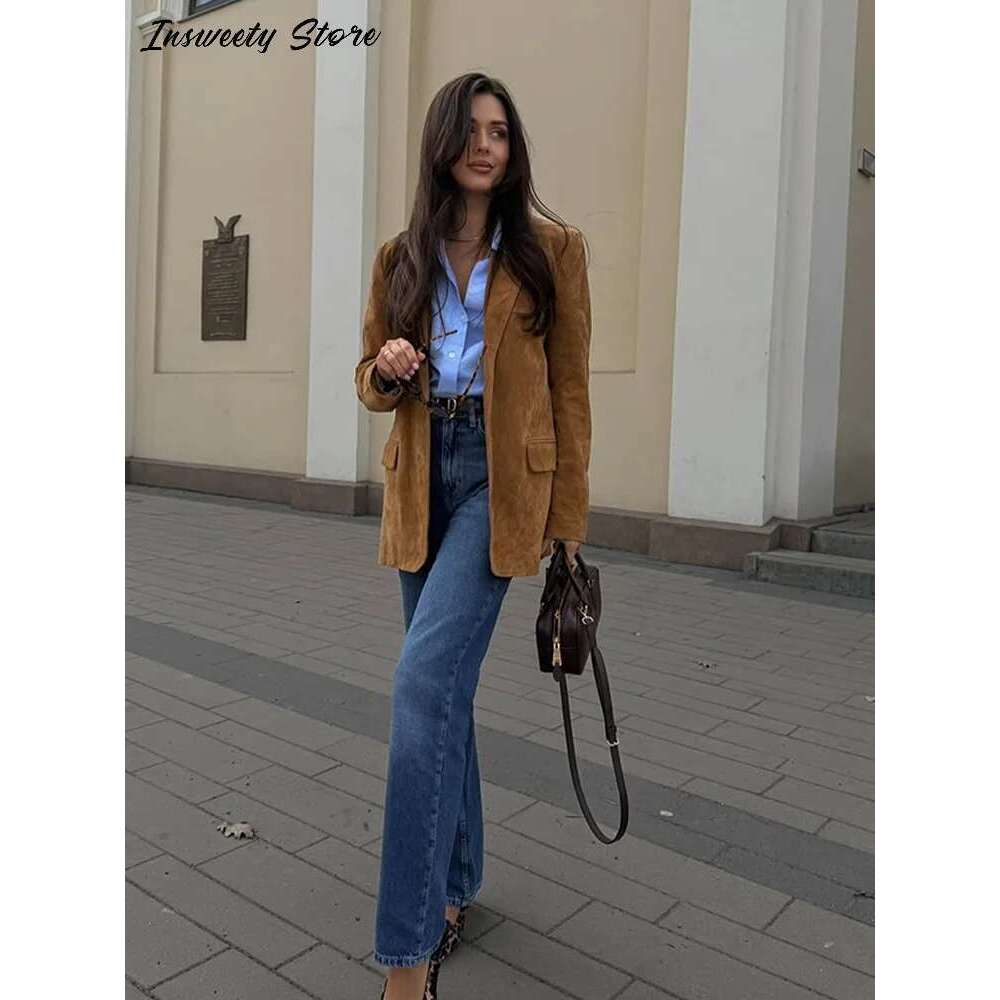 Fashion Suede Khaki Jacket Women's Single Breasted Lapel Buttons Pockets Full Sleeve Coats 2025 Spring Lady Vintage Streetwear