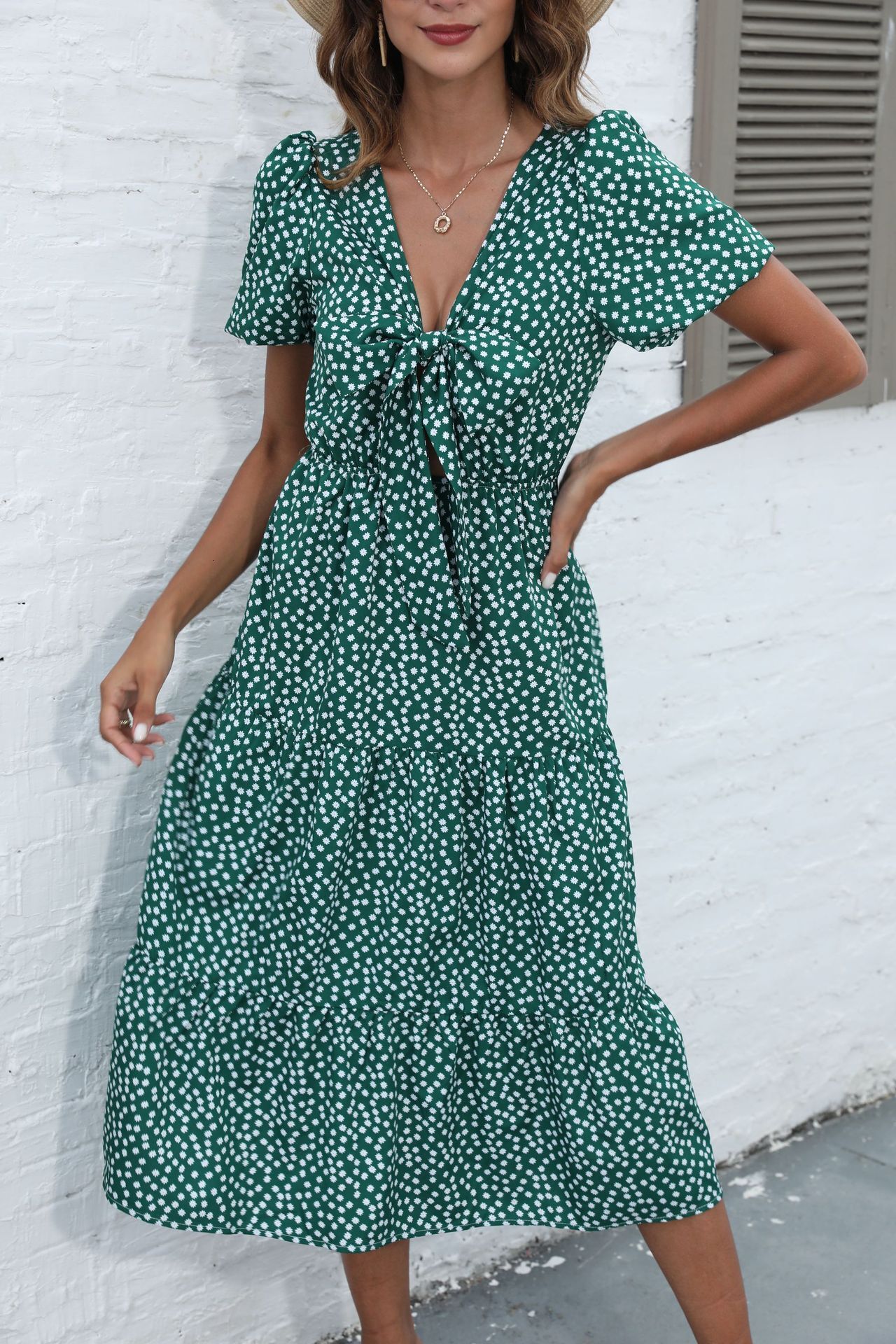 Spring and Summer New Womens V-neck Short Sleeve Dress Polka Dot Casual Mid length Dress