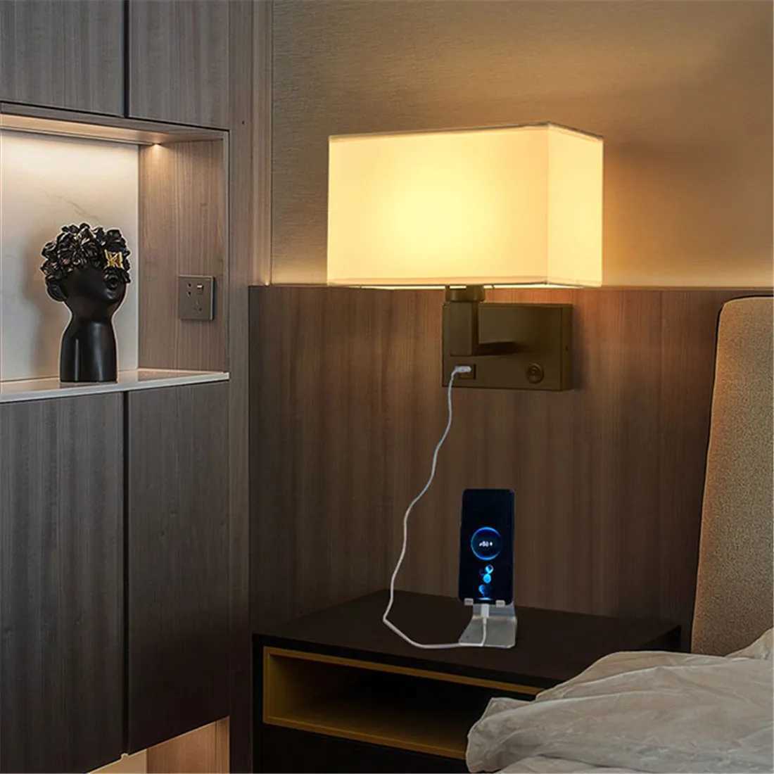 Minimalist Black or Bronze Wall Sconces with Rectangle White Yellow Fabric Shade for Bedroom Hallway USB Wall Lights with SwitchXJ250526