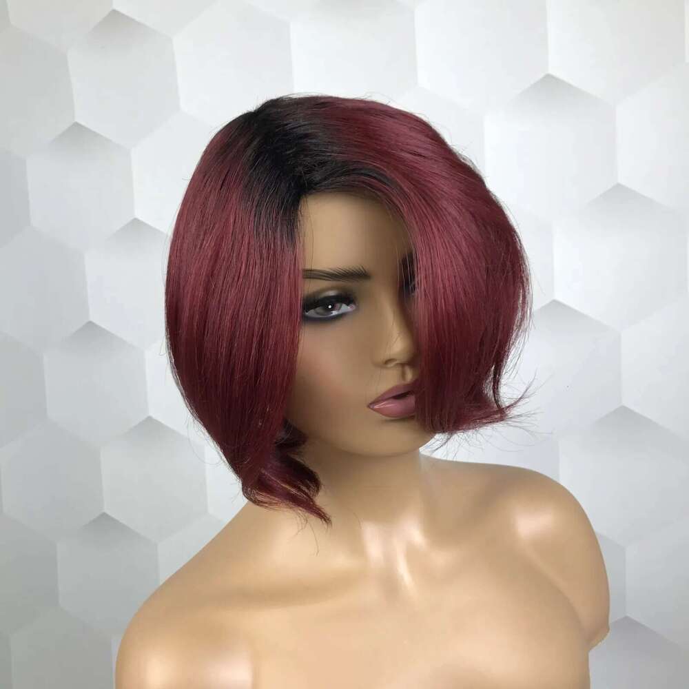 99J Pixie Cut Short Bob Human Hair For Women Full hine Made Wine Red Wigs With Bangs Christmas Party