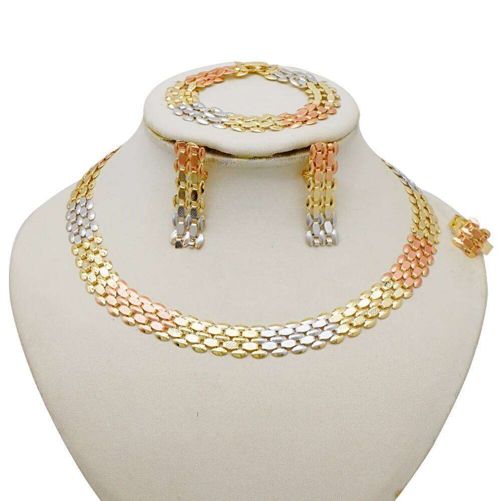 Simple Elegant Gold Color Women Jewelry Necklace Earrings Bracelet Rings Sets Fashion Set Dubai Wedding Banquet Party Gifts