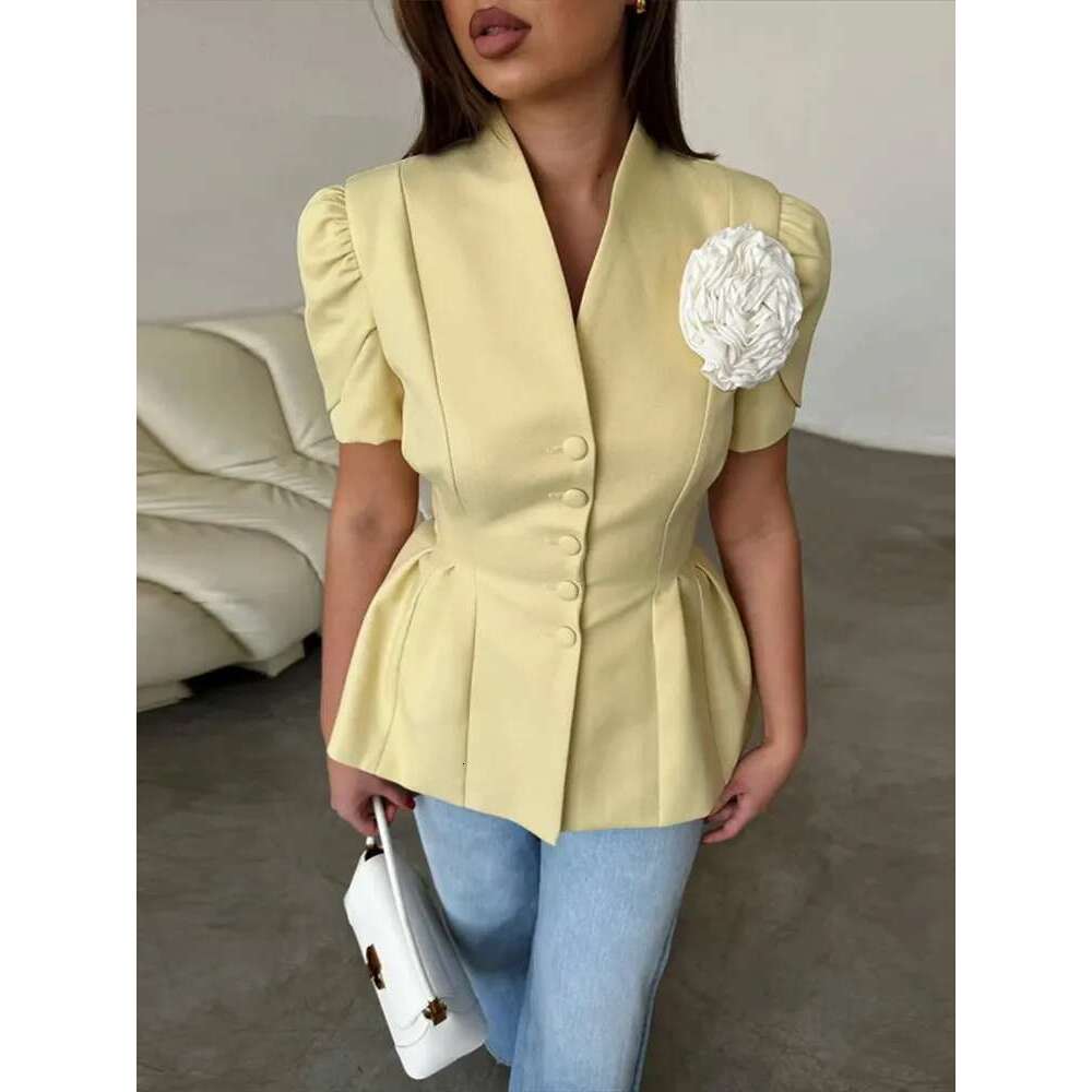 Elegant 3D Flower Women's Short Sleeve Top Coat Slim Stand Single-breasted Peplum Hem Jacket 2025 Summer New Commute Outerwear