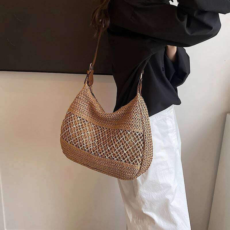 Hot Selling Women Hollow Shoulder Large Capacity Straw Weaving Travel Handbag Adjustable Strap Shopper Tote Bag Designer Bags