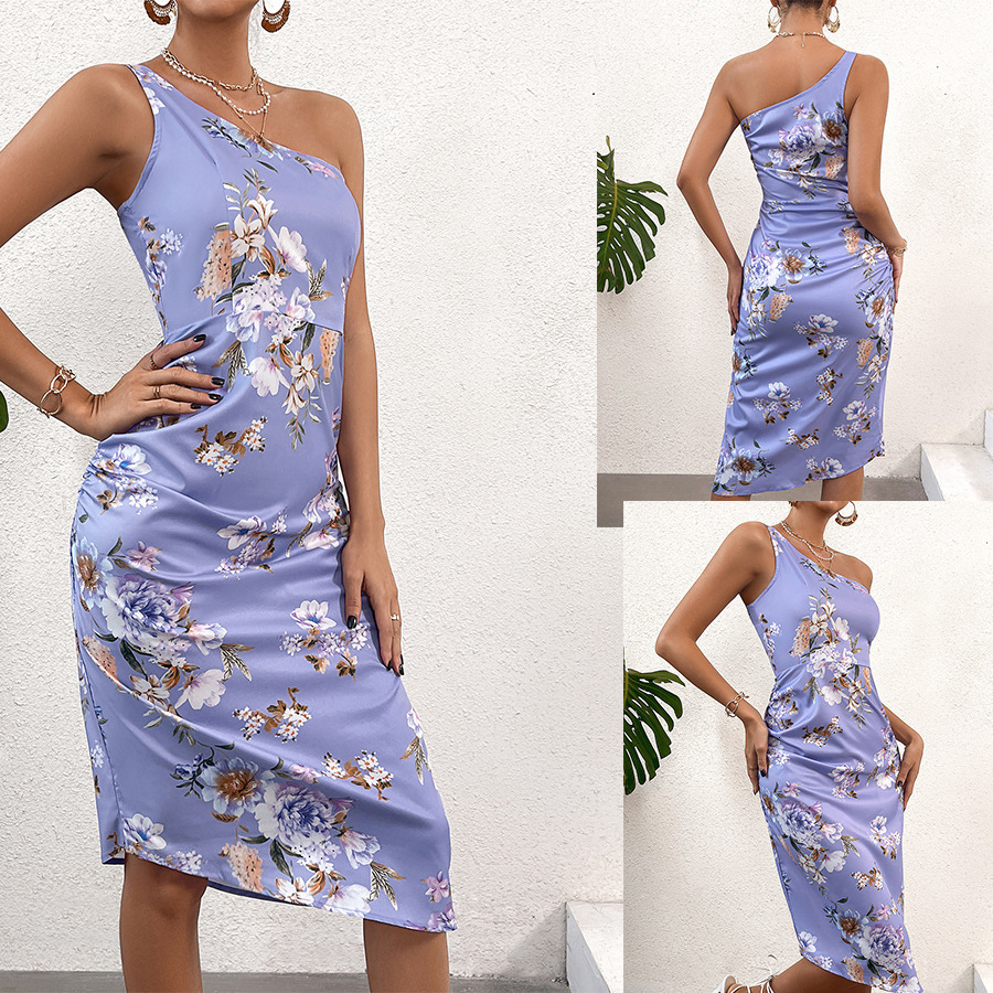 Elegant one shoulder floral dress for summer new womens backless mid length skirt