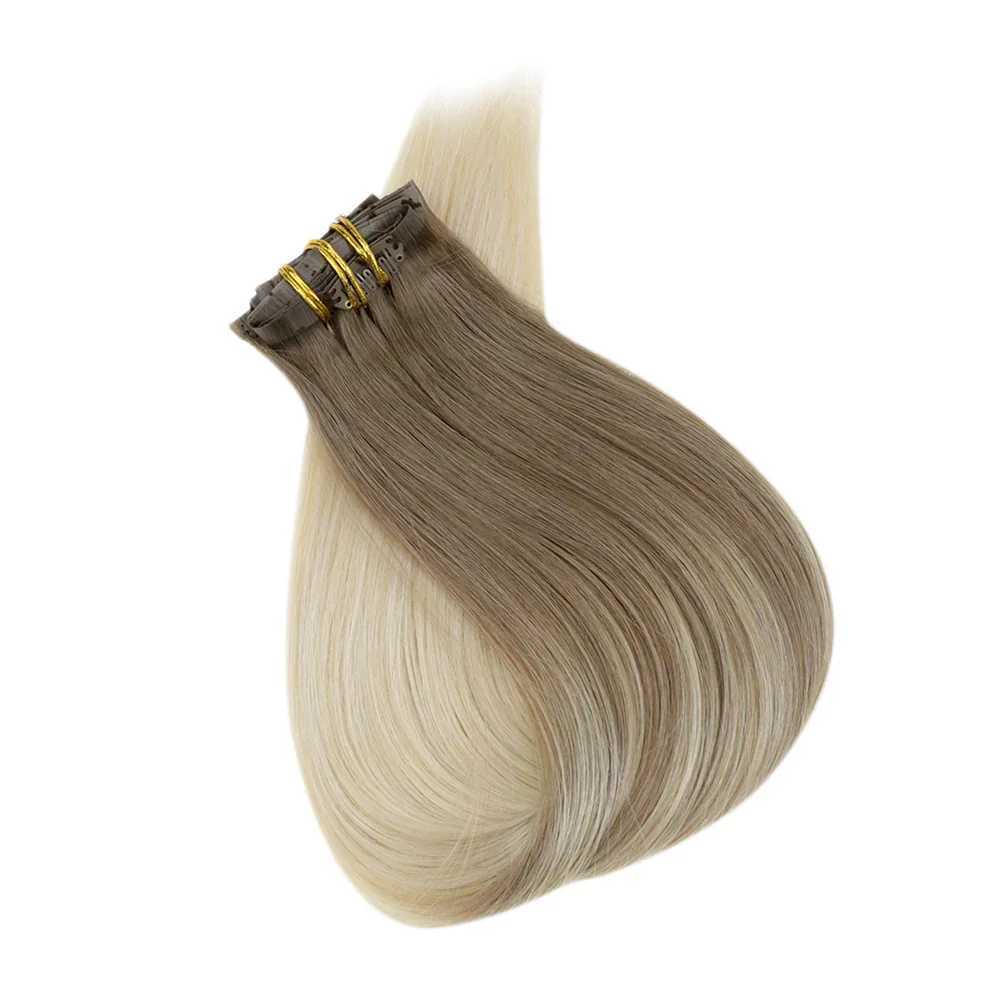 Full Shine Seamless Invisible Clip In Extensions Human Hair 8 Pcs 120g Remy Balayage Blonde Color S25526