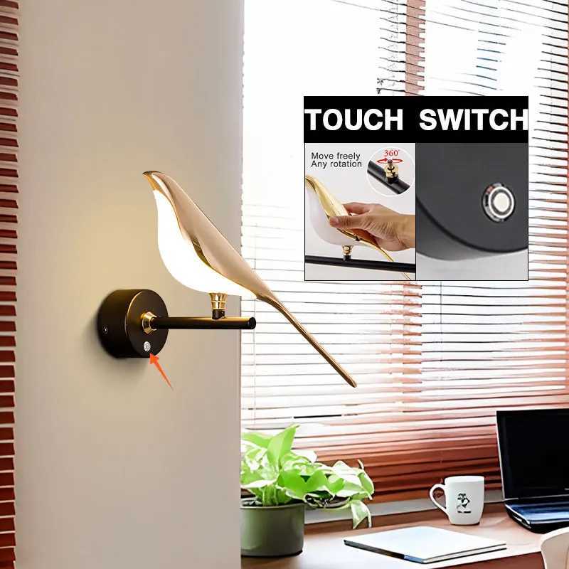 Nordic Touch Switch LED Wall Lamps for Bedside TV Background Gold Silver Magpie Bird LED Wall Lights Wall Sconce for CorridorXJ250526