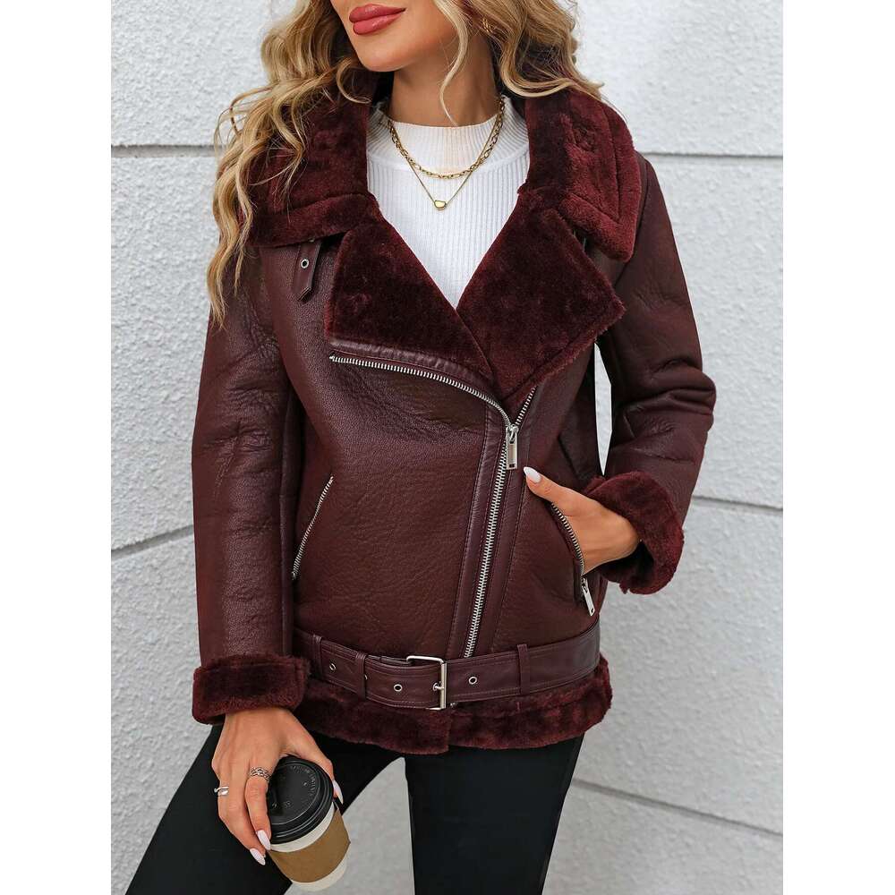 Fitaylor Winter Women Faux Fur High Street Motorcycle Outwear Casual Lady Thick Warm Leather Jacket