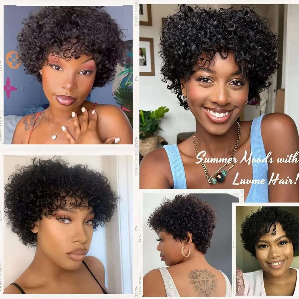 Short Pixie Curly Bob with Bangs Brazilian Human Hair Bouncy Curl Full hine made Wig for Women