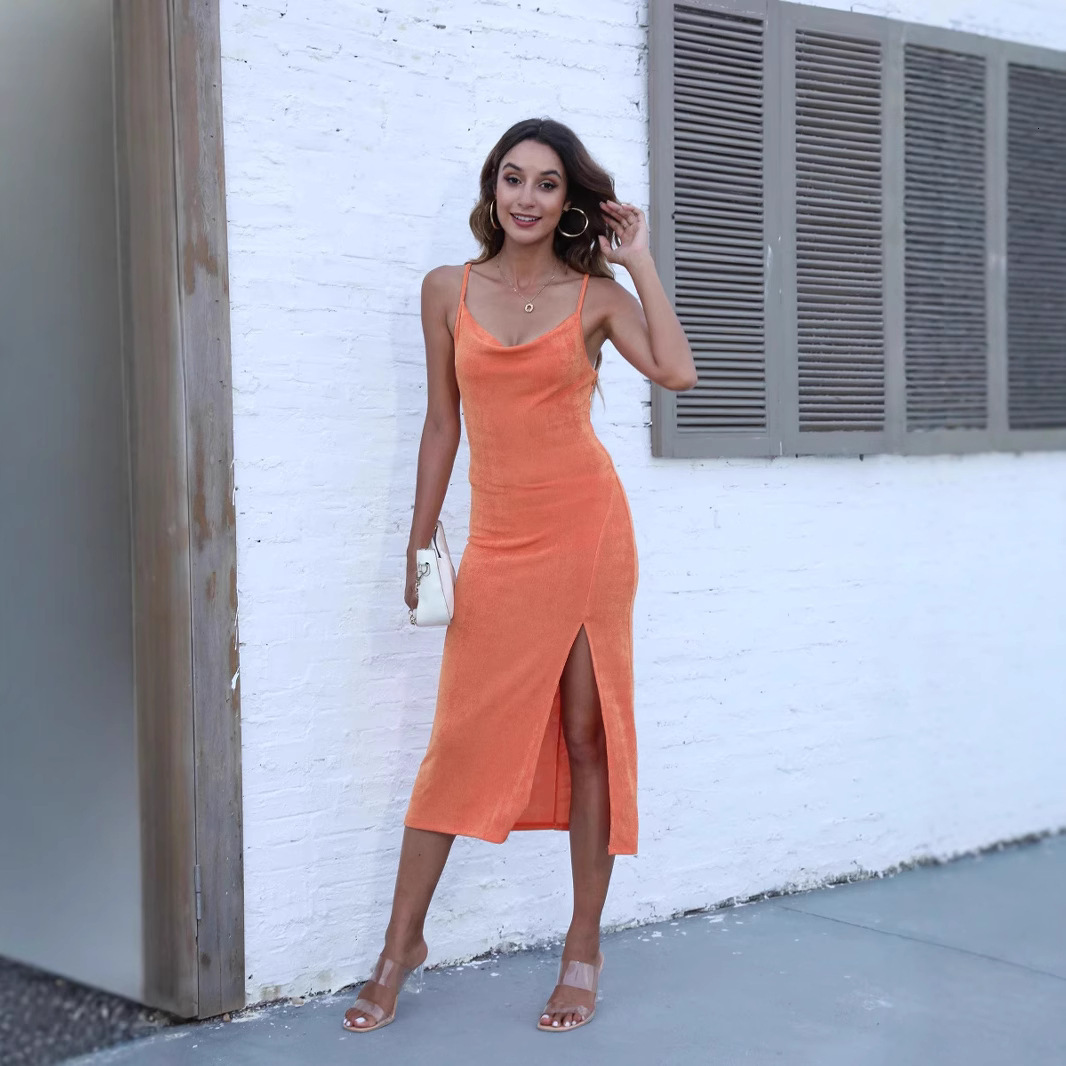 2025 Fashion Womens Spring New Style Elegant and Sexy Smooth Knitted Split Strap Dress