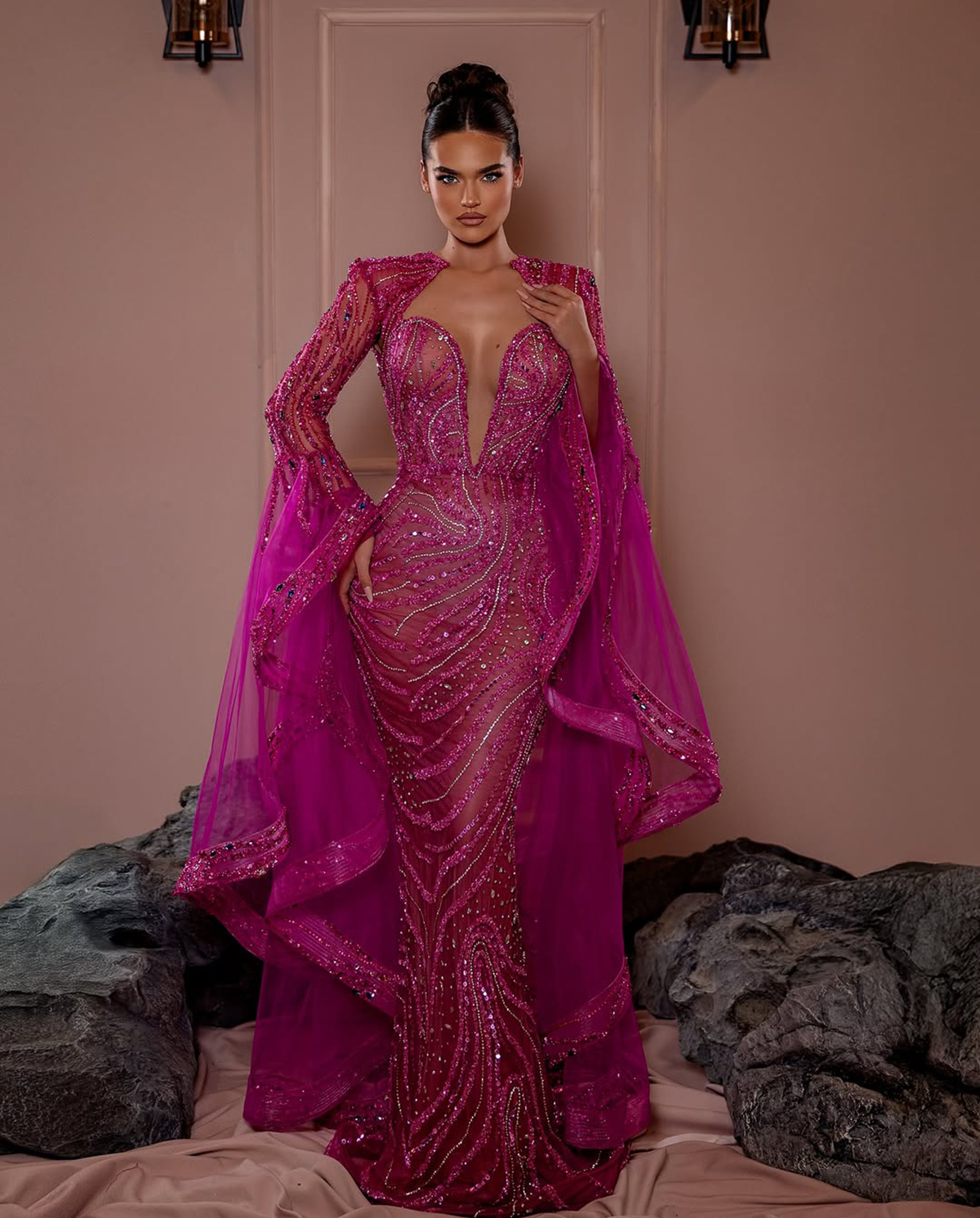 Fashion Sequins Evening Dresses Rhinestone Prom Dress Beading Flare sleeve See Through Mermaid Party Gowns Vestidos De Noche Plus Size