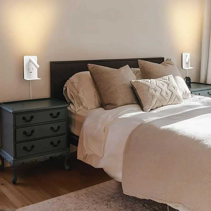 LED Wall Lamp With Switch Indoor Bedside Lamp Bedroom Wall Sconce Surface Mounted Reading Light Flexible USB Port Phone ShelfXJ250526