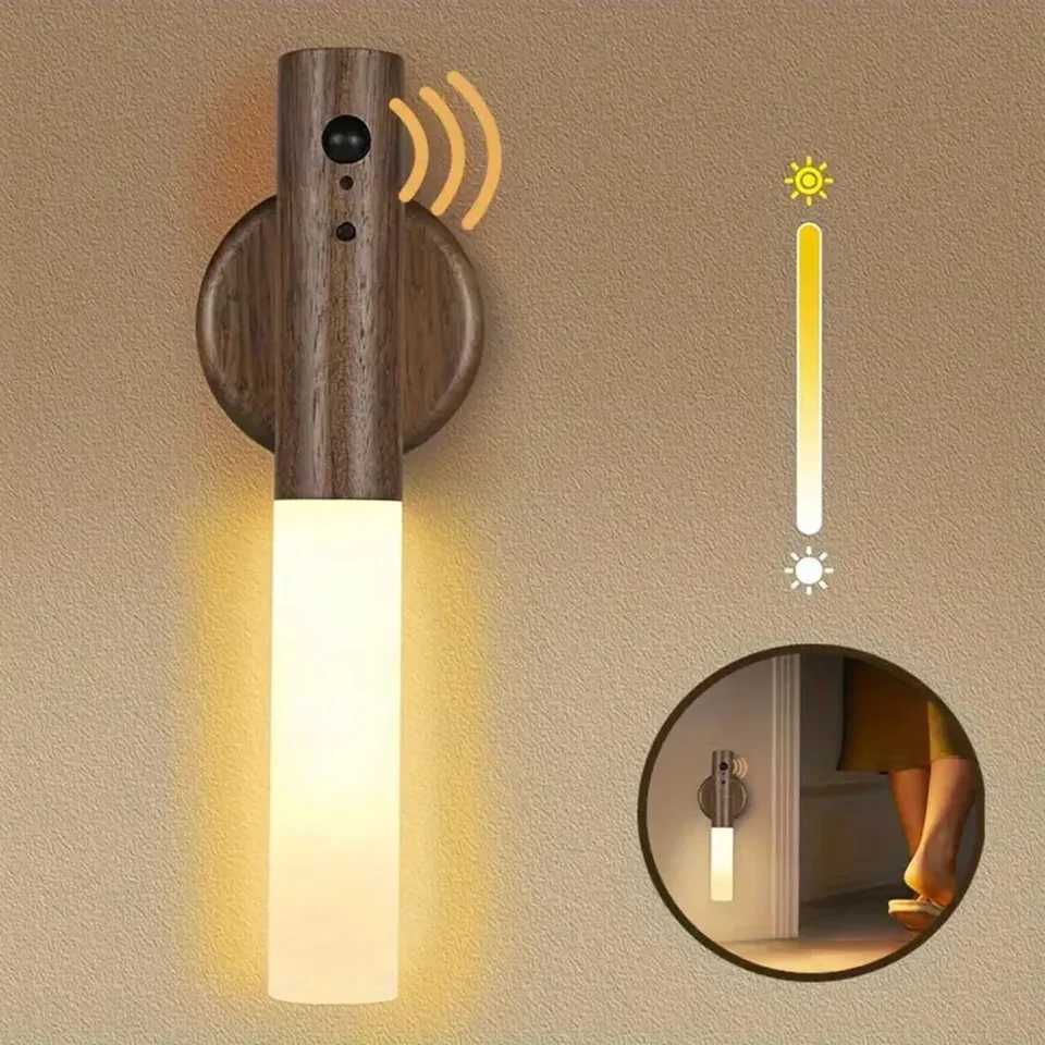 Motion Sensor LED Night Light Rechargeable Wall Sconces Magnetic Wall Lights Wooden Wall Lamp for Bedroom Stair Table CabinetXJ250526