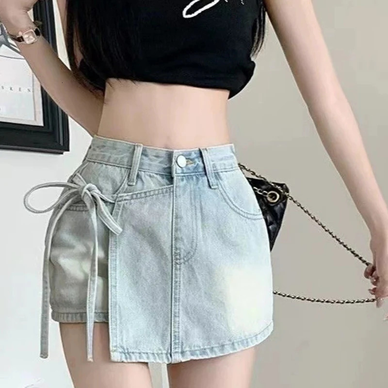 Fashion Bow Knot ALine Denim Skirt Korean Asymmetrical Split Blue Ladies Summer Basic High Waist Skirts Mujer 250516Z