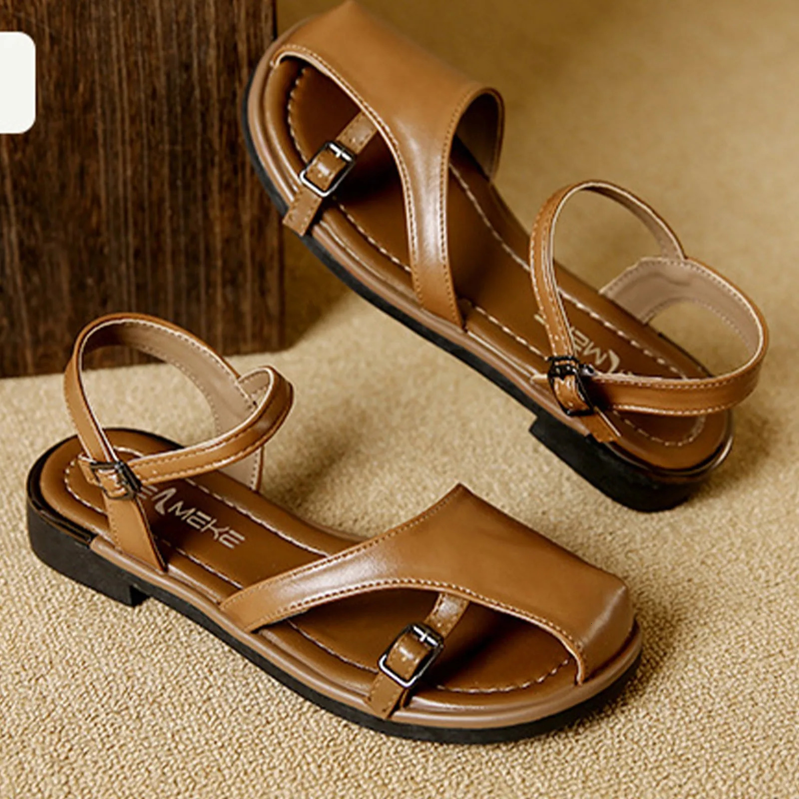 Womens summer sandals Fashion Baotou Sandals Hollowed Out flat Patent leather laceup Female Casual Shoes 250526