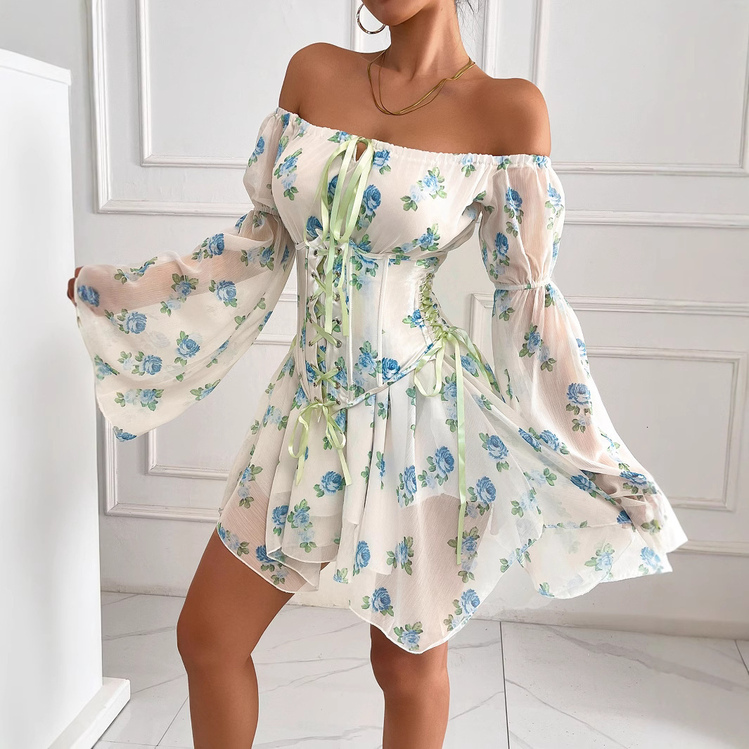 Womens printed floral dress with lace up one shoulder long sleeved waist and detachable short skirt