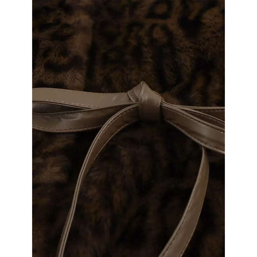 2024 women's leopard print mid-length fur integrated gold mink veet temperament slim v-neck coat
