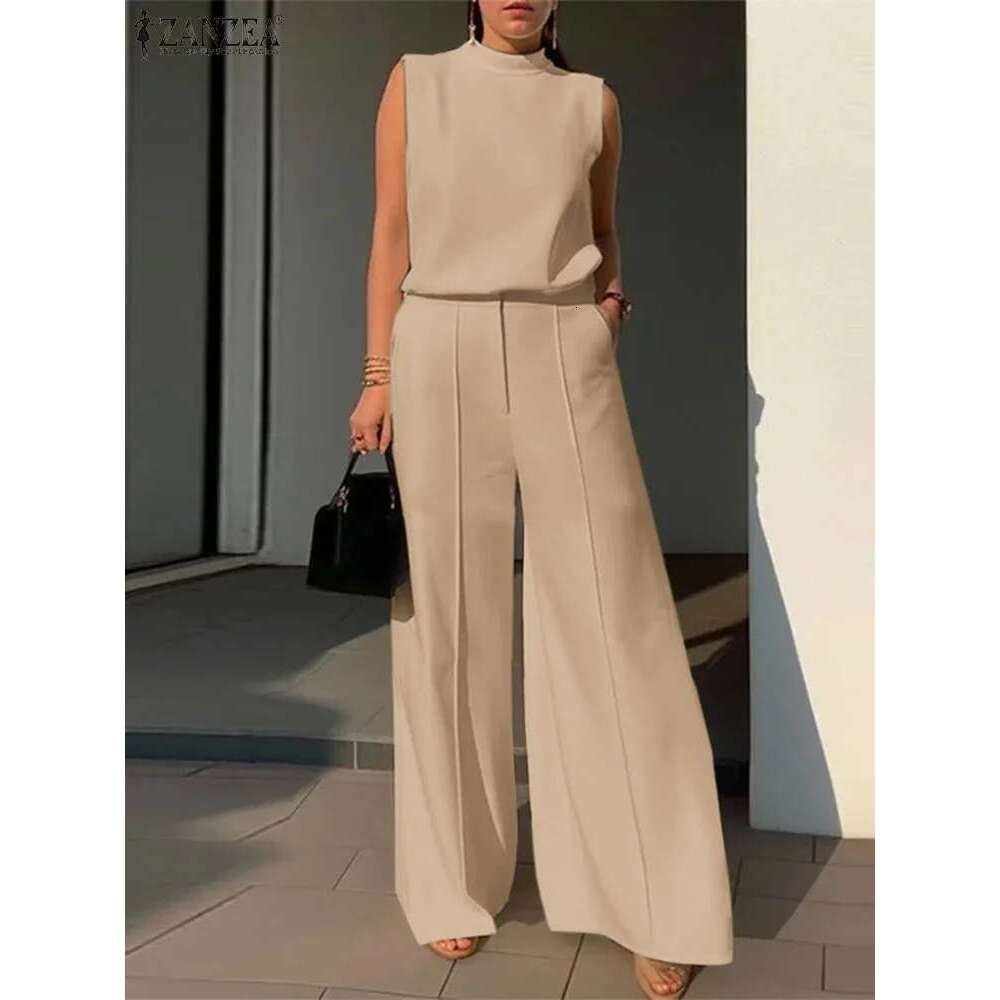 Elegant Women OL Work Wide Leg Trousers Suits Solid Tracksuit 2024 ZANZEA Summer Sleeveless Blouse Casual Pants Sets 2Pcs
