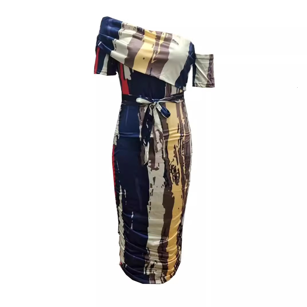 New slim fit printed hip hugging dress with slanted collar short sleeves and waistband mid length skirt