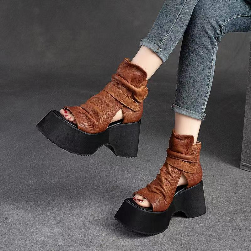 Retro thick-soled women's Spring/Summer 2025 new fish-mouth sponge high-top Roman sandal women