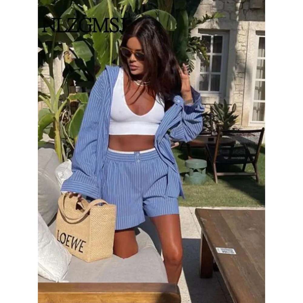 2024 Spring Summer Women's Suit Short Sets 2 Pieces Stripe Long Shirts Woman Shorts Two Piece Set Womens Outfits