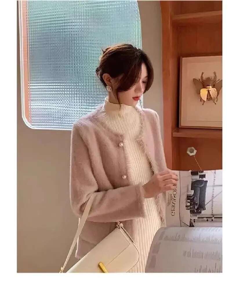 Autumn Fashion Women's Wear, Pink Korean Style Coat, Imitation Mink Cashmere Knit Cardigan Retro Fringe V-Neck