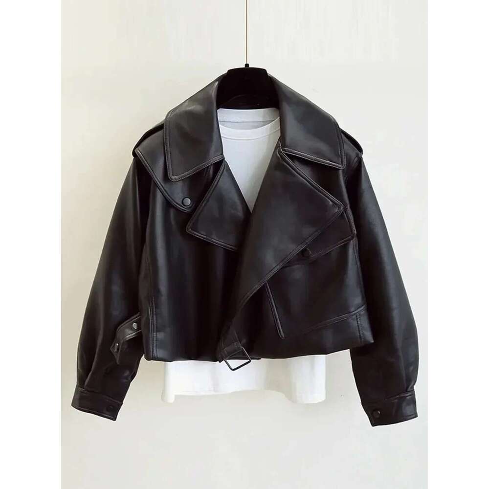 New Spring Women Faux Leather Jacket Biker Coat Turndown Collar PU Motorcycle Jackets Loose Streetwear Outerwear High Street