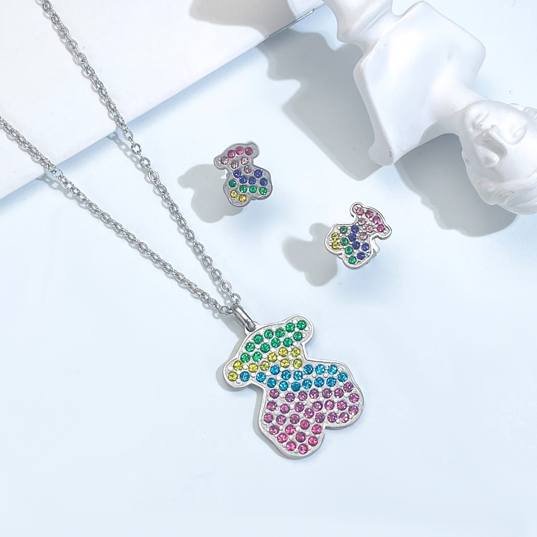 Hot Sale Fashion Women Men Silver Gold Stainless Steel Bear Cartoon Span Letter White Color Zircon Pendant Necklace Earrings Sets Jewelry