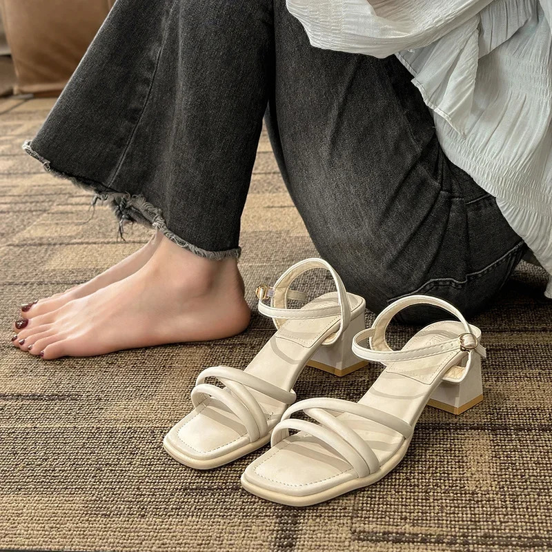 Summer Buckle Strap Clear Heels Retro Woman Shoes High Sandals Female Open Toe Original Highheeled Girls Peep Block Pu 250526