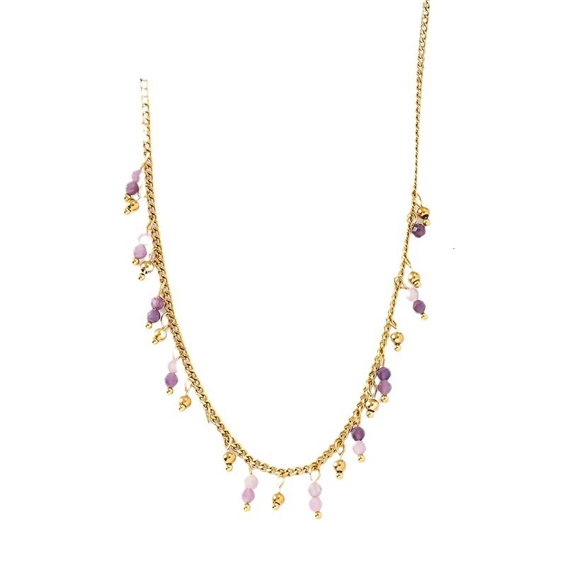 Stainless steel natural necklace French light purple colored stone bead pendant neck decoration
