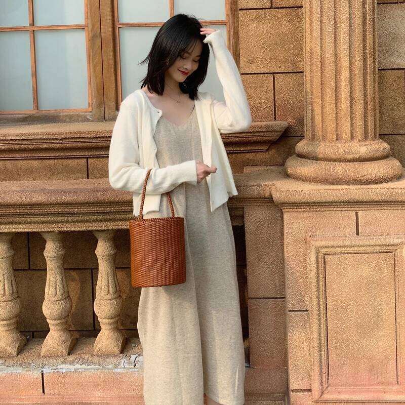 Genuine Leather Women Shoulder mall ethnic style round bucket Vintage Tote Bag Cowhide hollow woven bag