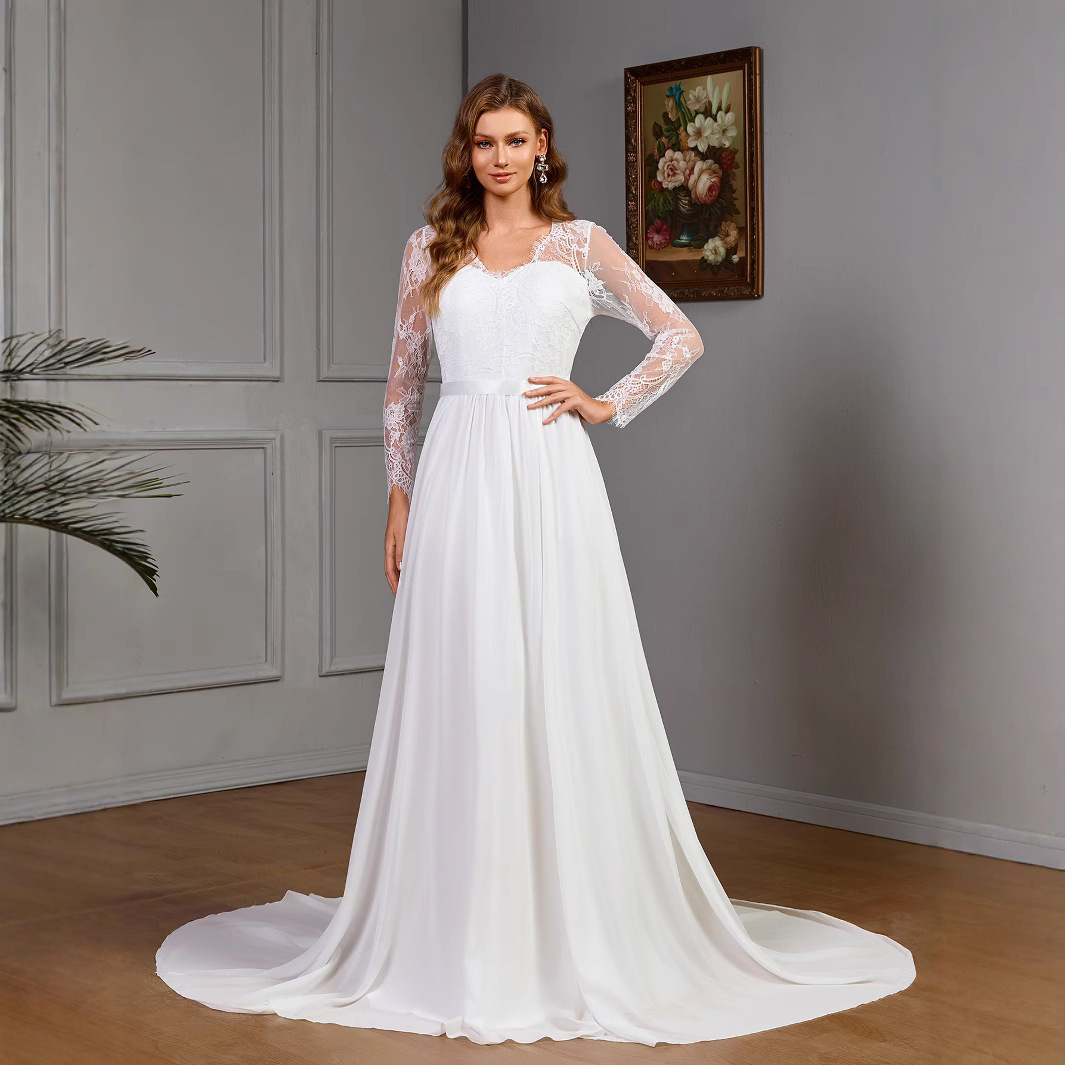 New Womens Sexy Lace Long Sleeve Wedding Dress with Chest Cotton Pendant Dress in White