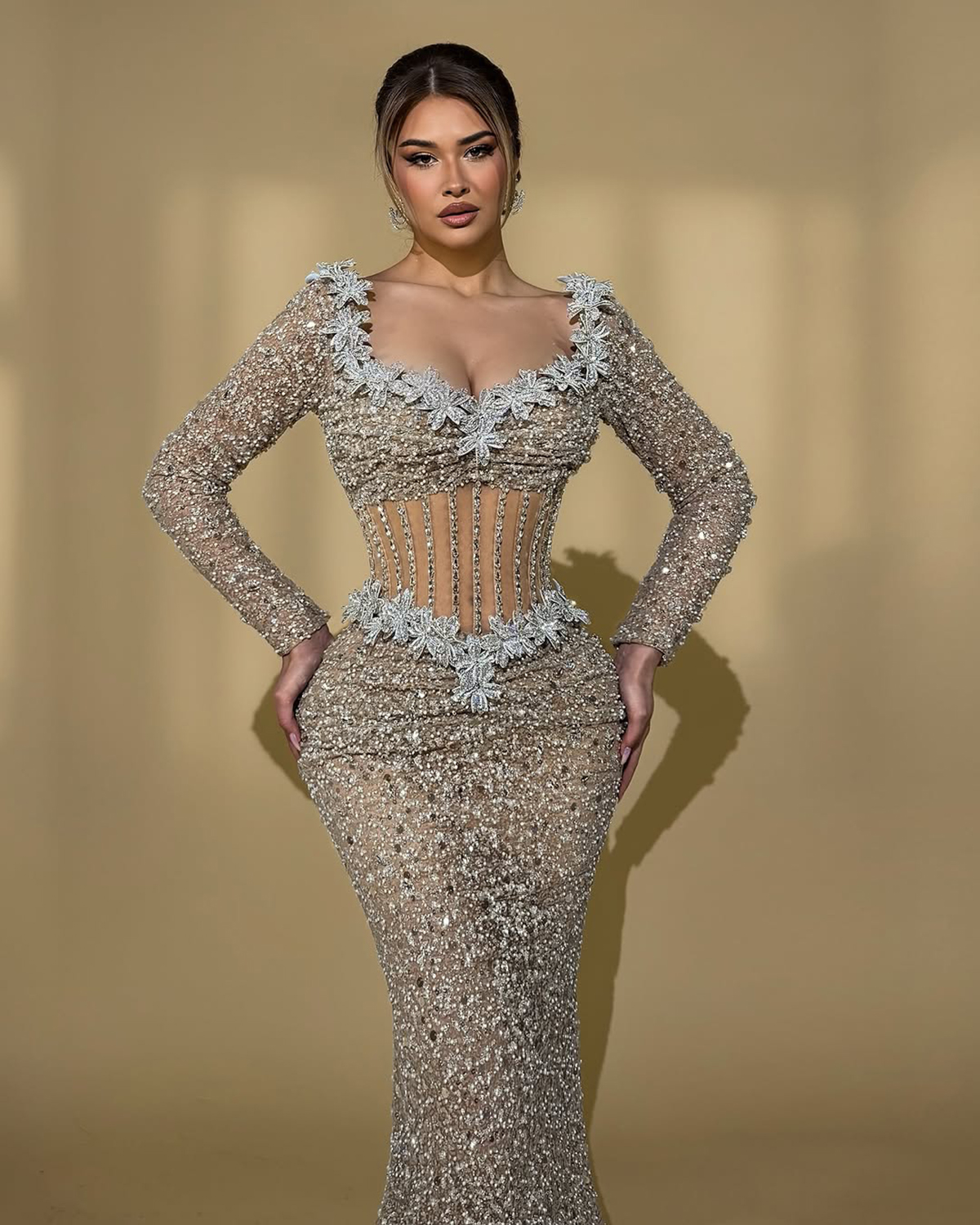 Graceful Evening Dresses Sequins Pearls Prom Dress Beading Long Sleeves Illusion See Through Mermaid Party Gowns Vestidos De Noche Plus Size