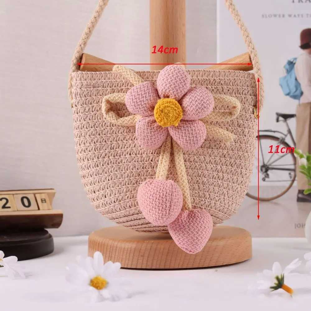 Cute Flower Straw Bag Mini Handmade Summer Beach Shoulder Bag Colorful Zipper Kids Coin Purse W250524