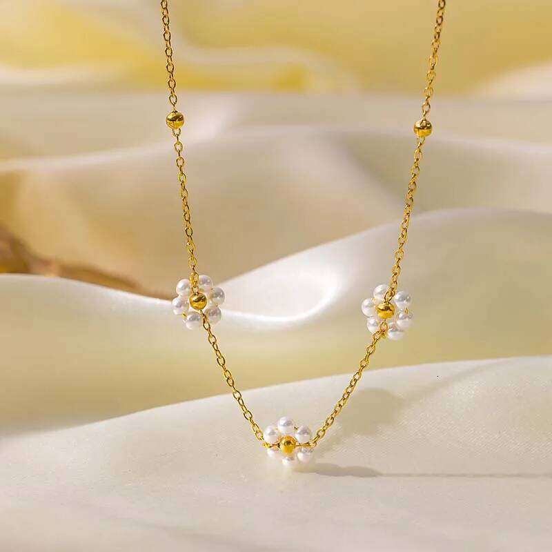 Stainless Steel Gold Color Flower Necklace For Women Elegant Imitation Pearl Handmade Beaded Necklaces Wedding Jewelry