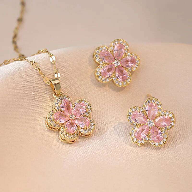 ZAKOL Elegant Pink AAA Zircon Flower Pendant Necklace Earring Set For Women Charm Shiny Crystal Bridal Wedding Jewelry