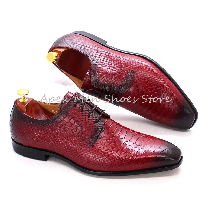 Mens Red Snakeskin Oxfords Round Toe Formal Shoes Handmade Lace Up Pattern n Genuine Leather Business Derby Shoes 250526