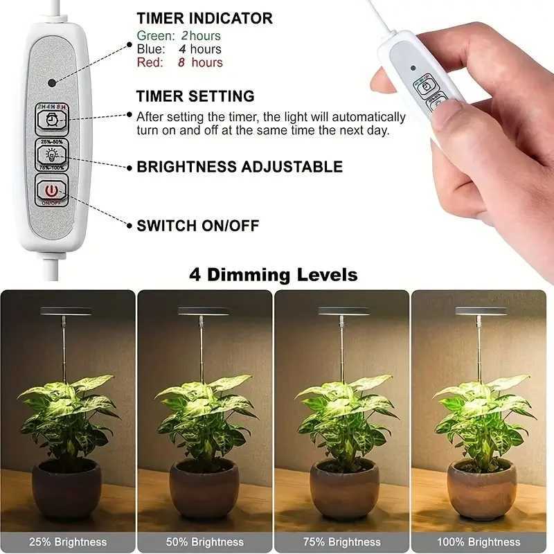 LED Indoor Plant Grow Light Premium Full Spectrum Height Adjustable 4-Level Dimming 2/4/8H Timer Perfect for Small Plant CareXJ250526