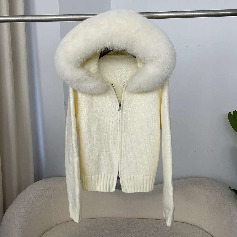 WHOLESALE 2025 New Spring Casual Hooded Fox Collar with Solid Color Sweater Women Real Fur Coat Zipper Warm Tops