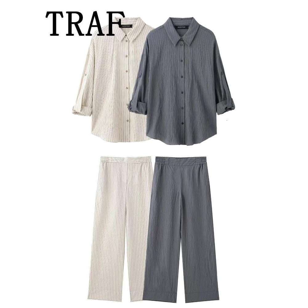 TRAF Stripe Wide Leg Pants Sets For 2 Pieces 2025 New Fashion Loose Shirts Suit Casual Two Piece Set Women Outfit