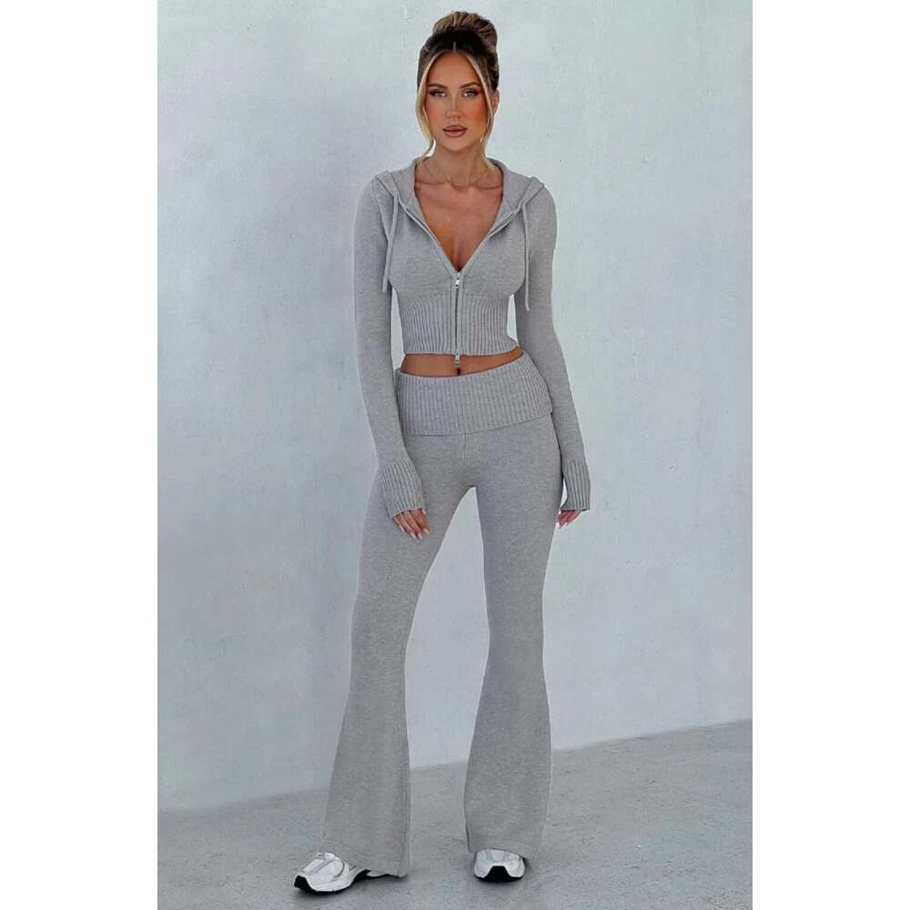 Sping Summer Casual Women Two Piece Outfits Knitted Long Sleeve Hoodie And Flare Pants Workout Jogger Set Tracksuit