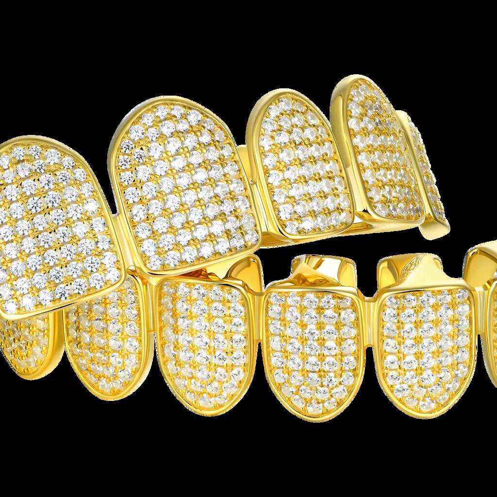 Fully Iced Gold Grillz Hip Hop Diamond Teeth Grillz 8 Top 8 Bottom Teeth One Size Fits All Moissanite Main Stone for Weddings