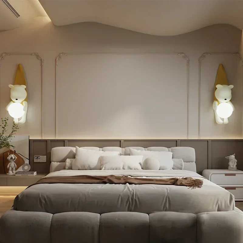 SANDYHA Nordic Resin Wall Lamp for Bedroom Bedside LED Lights Cute Little Bear Design Childrens Room Decor Lighting FixturesXJ250526